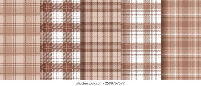 Check background. Tartan seamless pattern. Flannel brown print. Plaid table cloth texture. Lumberjack tablecloth. Set gingham fabrics. Vichy shirt textile. Buffalo checkered cloth. Vector illustration