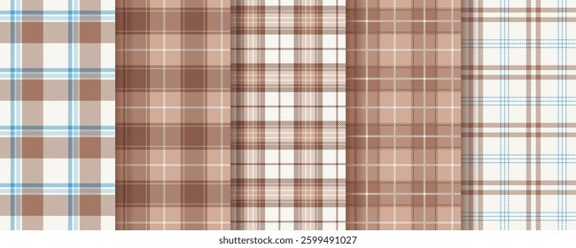Check background. Tartan seamless pattern. Plaid brown blue textures. Flannel shirt textile. Set gingham fabrics. Lumberjack prints. Vichy checkered backdrop. Buffalo cloth fabric. Vector illustration