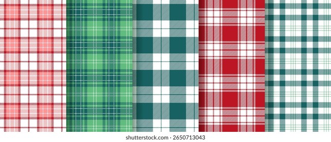 Check background. Tartan seamless pattern. Christmas texture. Red green flannel print. Plaid shirt textile. Lumberjack tablecloth. Set gingham fabrics. Buffalo checkered backdrops. Vector illustration