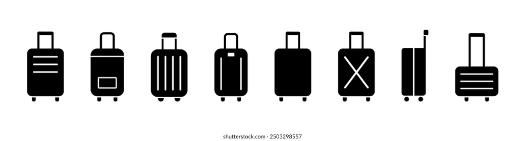 Check in baggage. Airport bag vector set. Baggage icon. Flight trip case sign.