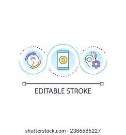Check balance around the clock loop concept icon. Transaction records. Online banking benefit abstract idea thin line illustration. Isolated outline drawing. Editable stroke. Arial font used
