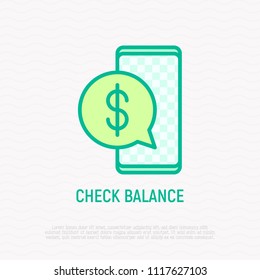 Check balance on smartphone thin line icon. Modern vector illustration.