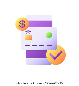 Check balances vector flat color icon. E wallet application. Mobile banking app. Credit card transaction. Successful e payment. Cartoon style clip art for mobile app. Isolated RGB illustration