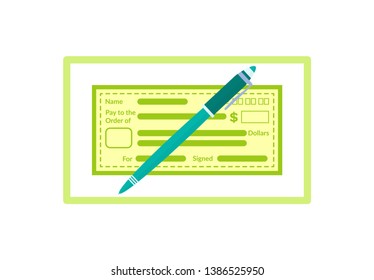 Check from bank vector, pen to write cheque payment and banking system, commerce and paying debts, accounting and saving money in safe place isolated