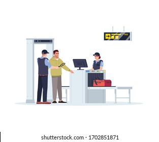 Check before boarding plane semi flat RGB color vector illustration. Security border control. Woman check baggage. Passenger and airport staff isolated cartoon characters on white background