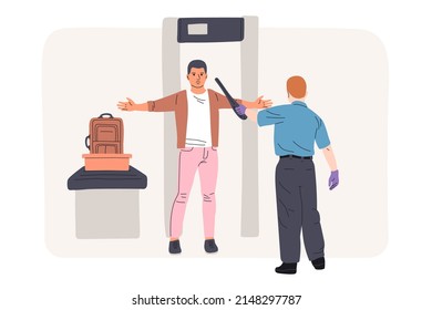 Check Before Boarding Plane Vector Illustration. Security Border Control. Checked Baggage On Conveyor. Airport Staff. Man Going Through The Metal Scanner. Security Control Checkpoint In The Airport.