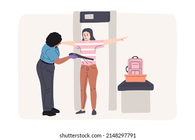 Check Before Boarding Plane Vector Illustration. Security Border Control. Checked Baggage On Conveyor. Airport Staff. Woman Going Through The Metal Scanner. Security Control Checkpoint In The Airport.