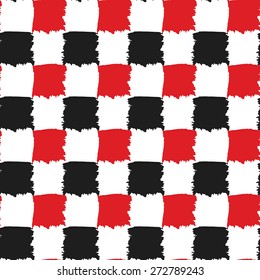Check Black, Red and White Seamless Pattern. Checkers board, painted vector design, brush stroke texture. Graphic background for business card, brochure, website template, greeting, gift paper, fabric
