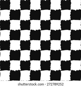 Check Black and White Seamless Pattern. Checkers board, vector painted design, brush strokes texture. Graphic background for business card, brochure, website template, greeting, gift paper, fabric