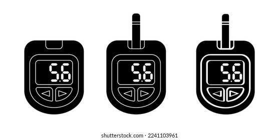 Check blood, glucose meter or glucometer. Blood sugar test, level on display. Diabetes insulin. Device for testing and monitoring level of sugar. Cartoon control and diagnosis of diabetes.