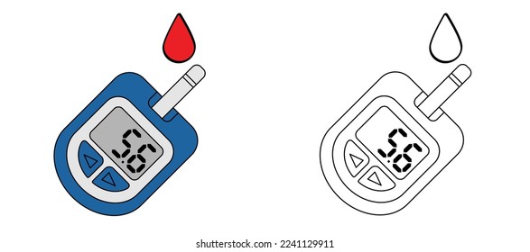 Check blood, glucose meter or glucometer. Blood sugar test, level on display. Diabetes insulin, scale. Device for testing and monitoring level of sugar. Cartoon control and diagnosis of diabetes.