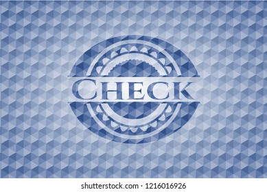 Check blue emblem with geometric background.