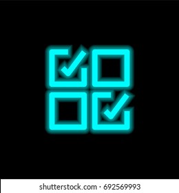 Check blue glowing neon ui ux icon. Glowing sign logo vector