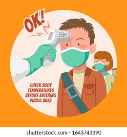 Check body temperature before entering public area to fight against coronavirus in flat style, COVID-19 strategy