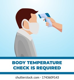 Check body temperature before entering public area to fight against coronavirus in flat style, COVID-19 strategy. Simple Flat Illustration Showing Body Temperature Check Sign during Covid-19 Outbreak.