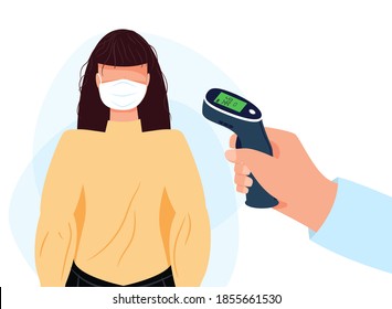 Mujer revisando la temperatura. Compruebe la temperatura corporal antes de entrar en el área pública.