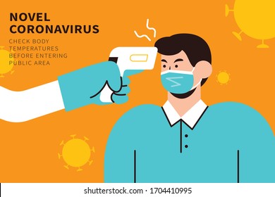 Check body temperature before entry, COVID-19 prevention illustration in flat style