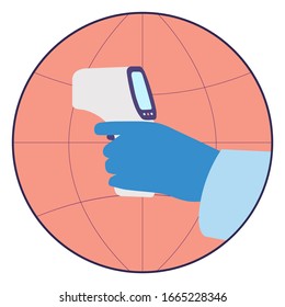 Check Body Temperature, Fever, Covid-19 Checkpoint, Before Entering In Public Area To Scan Symptoms Of Corona Virus, Hand With Infrared Thermometer.