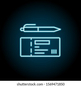 Check book, pen blue neon icon. Simple thin line, outline vector of saving money icons for ui and ux, website or mobile application