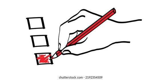 Check box. To do list, Bucket list or for election. Hand holding red pencil with red cross, line pattern. Line draw brushes. Check mark, pen icon or symbol. Crayons colored pencil. Task list.