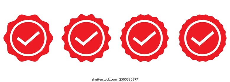 Marque la casilla de verificación con el icono correcto, acepte los iconos de marca de verificación. Icono rojo de la insignia de la verificación del color aislado en el fondo blanco.