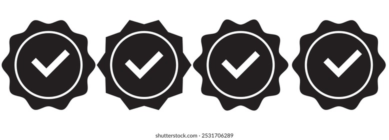 Check box icon with correct, accept checkmark icons tick box checked. Red color verification badge icon isolated on white background.