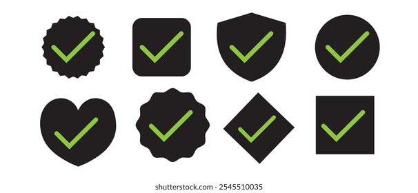 ícone da caixa de seleção com correto, aceitar ícones da marca de seleção caixa de verificação verde, quadro do círculo da lista de verificação - símbolo da caixa de verificação sinal. 333