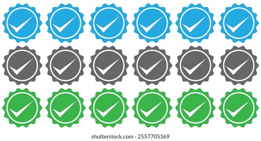 Check box icon with correct, accept checkmark icons tick box checked. Approve symbol. Verified badge vector icons. Verification symbol set. Checked checkbox mark, checkmark set. Vector illustrator. 
