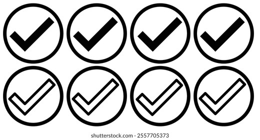 Check box icon with correct, accept checkmark icons tick box checked. Approve symbol. Verified badge vector icons. Verification symbol set. Checked checkbox mark, checkmark set. Vector illustrator. 