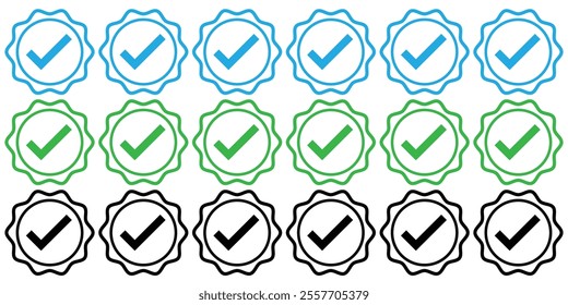 Check box icon with correct, accept checkmark icons tick box checked. Approve symbol. Verified badge vector icons. Verification symbol set. Checked checkbox mark, checkmark set. Vector illustrator. 