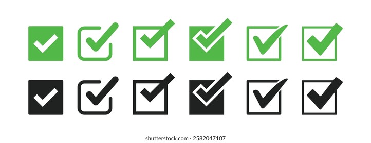 Check box icon with correct, accept checkmark icons tick box checked. Approve symbol.