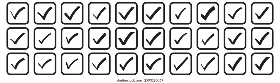 Check box icon with correct, accept checkmark icons tick box checked. Approve symbol. Set of tick or check icon. Correct vote choise isolated symbol. Vector Illustration. 