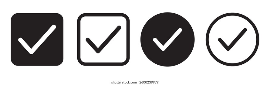 Check box icon with correct, accept checkmark icons tick box checked. Check mark icon symbols vector. Black Check mark icon vector set. Black tick check mark icon vector. 