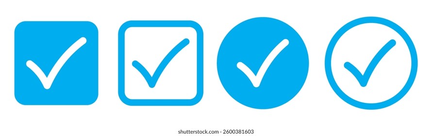 Check box icon with correct, accept checkmark icons tick box checked. Check mark icon symbols vector. Blue Check mark icon vector set. Blue tick check mark icon vector. 
