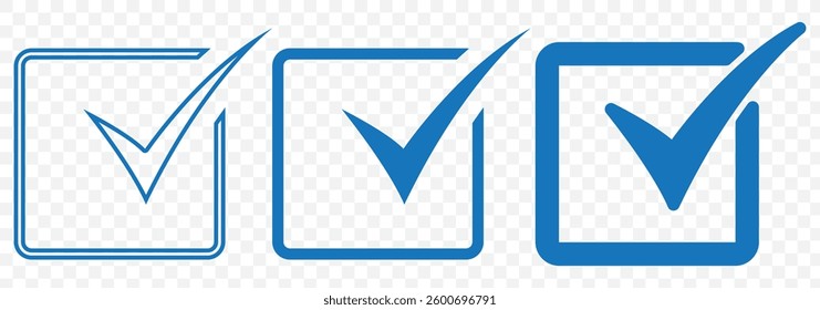 Check box icon with correct, accept checkmark icons green tick box, Check list circle frame - checkbox symbol sign.Blue tick icon vector symbol, checkmark isolated on Transparent background. EPS 10.