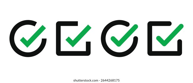 ícone de caixa de seleção com correto, aceitar ícones de marca de seleção caixa de verificação verde, quadro de círculo da lista de verificação - símbolo de caixa de seleção sinal.