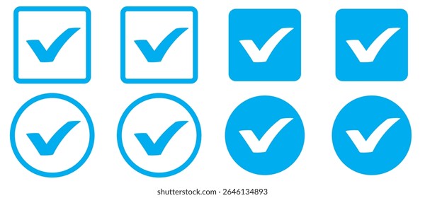 Marque la casilla de verificación con el icono correcto, acepte los iconos de marca de verificación. Aprobar símbolo. Diseño de Vector de icono de marca de verificación. Icono de marca de verificación azul. Símbolo de garrapata azul. Icono de comprobación de Vector