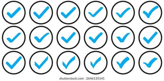 Marque la casilla de verificación con el icono correcto, acepte los iconos de marca de verificación. Aprobar símbolo. Diseño de Vector de icono de marca de verificación. Icono de marca de verificación azul. Símbolo de garrapata azul. Icono de comprobación de Vector