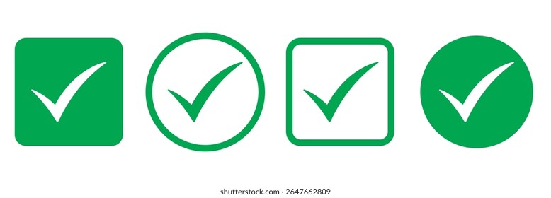 Marca la casilla con el icono correcto, acepte los iconos de marca de verificación, marque la casilla marcada. Aprobar símbolo. Diseño de Vector de icono de marca de verificación. Icono de marca de verificación verde. Símbolo de garrapata verde. Icono de comprobación de Vector
