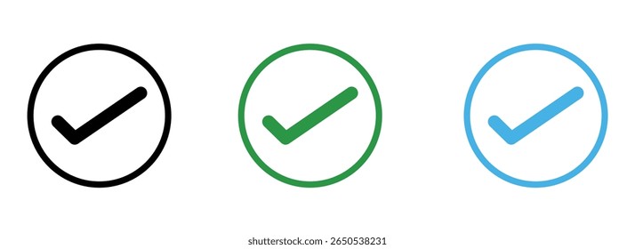Marque la casilla de verificación con el icono correcto, acepte los íconos de marca de verificación, marque la casilla verde, marque el marco circular de la lista de verificación - signo de símbolo de Casilla de verificación, Ilustración vectorial.