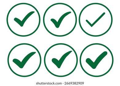 Marque la casilla de verificación con el ícono correcto, acepte los íconos de marca de verificación Marque la casilla verde, marque la lista de verificación Marco circular - signo de símbolo de Casilla de verificación.