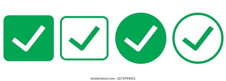 ícone da caixa de seleção com correto, aceitar ícones da marca de seleção caixa de verificação verde, quadro do círculo da lista de verificação - símbolo da caixa de verificação sinal.