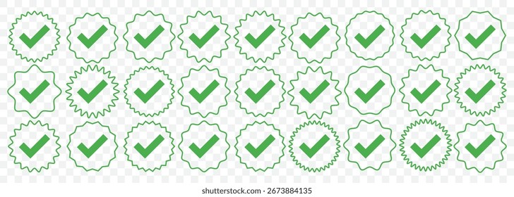Marque la casilla de verificación con el icono correcto, acepte los iconos de marca de verificación. Aprobar símbolo. Diseño de Vector de icono de marca de verificación. Icono de marca de verificación verde. Símbolo de garrapata verde en fondo transparente. EPS 10.