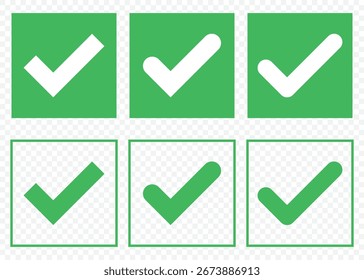 ícone de caixa de seleção com correto, aceitar ícones de marca de seleção Caixa de verificação verde, quadro de círculo de lista de verificação - símbolo de caixa de seleção sinal. caixa de seleção quadro quadrado em fundo transparente. EPS 10.