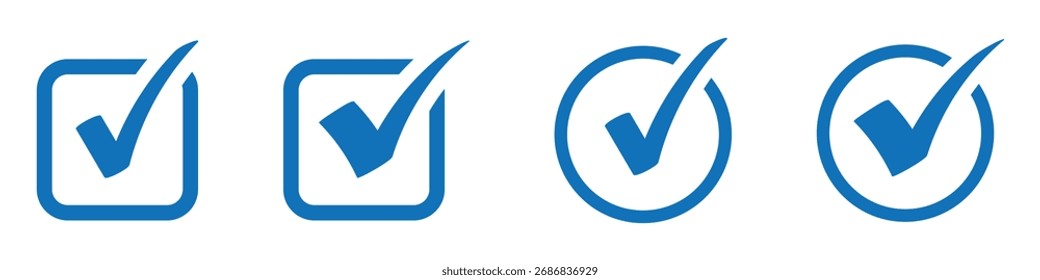 Check box icon with correct, accept checkmark icons. Blue tick box, check list circle frame. Blue check mark box square frame. Blue tick mark icon vector set. Blue checkmark icon set on white