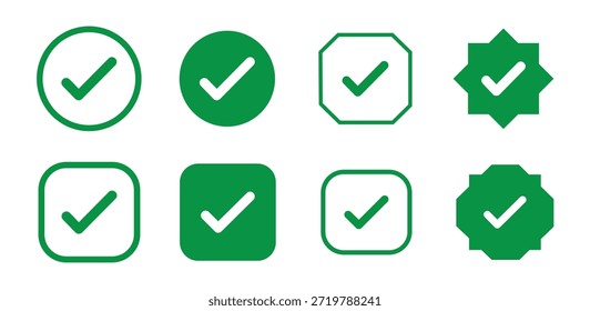 Casilla de verificación con el ícono correcto, acepte los íconos de marca de verificación Casilla de verificación verde, lista de verificación Marco circular - signo de símbolo de Casilla de verificación. Ilustración vectorial.