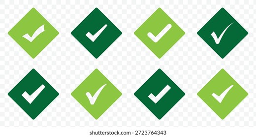 Kontrollkästchen-Symbol mit korrekten, akzeptieren Sie Markierungssymbole. Set von Häkchen-Markierungssymbolen in verschiedenen Stilen. Kästchen mit einem quadratischen Rahmen markieren. Vektorgrafik.