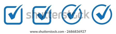 Check box icon with correct, accept checkmark icons. Blue tick box, check list circle frame. Blue check mark box square frame. Blue tick mark icon vector set. Blue checkmark icon set on white