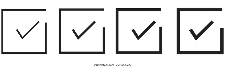 check box icon with correct with different line width. approved symbol. accept checkmark icons green tick box, check list square frame sign.