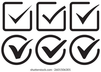 check box icon with correct with different line width. approved symbol. accept checkmark icons green tick box, check list square frame sign.
